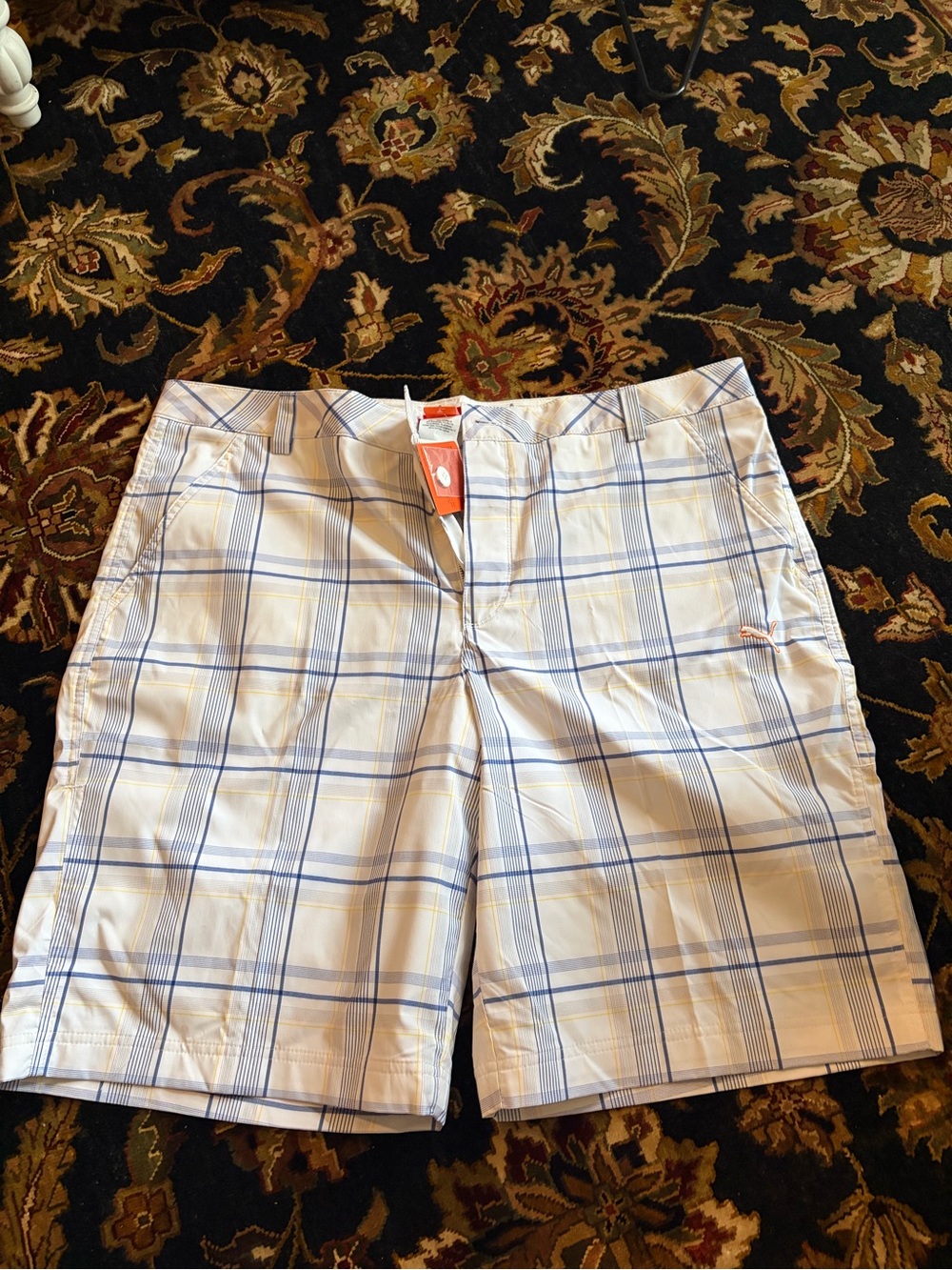 Puma Men's White Plaid Performance Shorts - Blue & Yellow Check